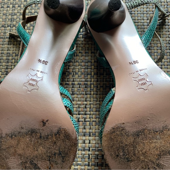 Vintage Green Faux Snakeskin Open Toe Italian Heels - Picture 2 of 7